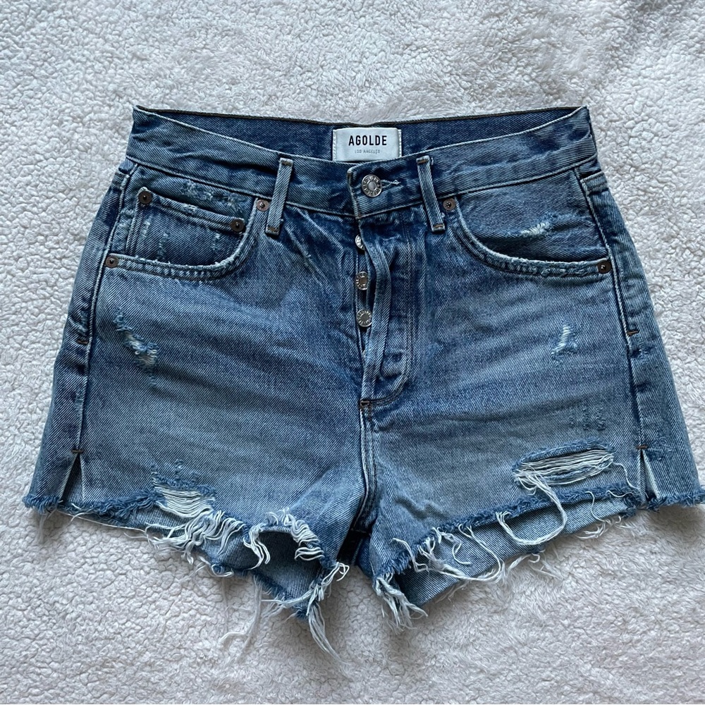 Agolde Jaden Medium Wash High Rise Distressed Cutoff Denim Shorts Size 25